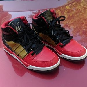Adidas red black gold high tops